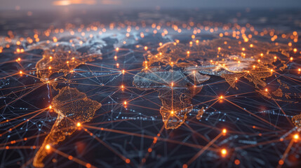 Digital illustration of a high-tech world map showcasing global connectivity with bright network lines and nodes superimposed over a dark background - obrazy, fototapety, plakaty