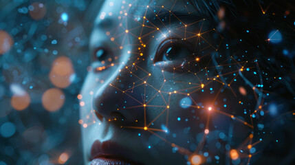 Close-up of a woman's face with digital network connections and nodes overlaying her skin, depicting a concept of technology, artificial intelligence