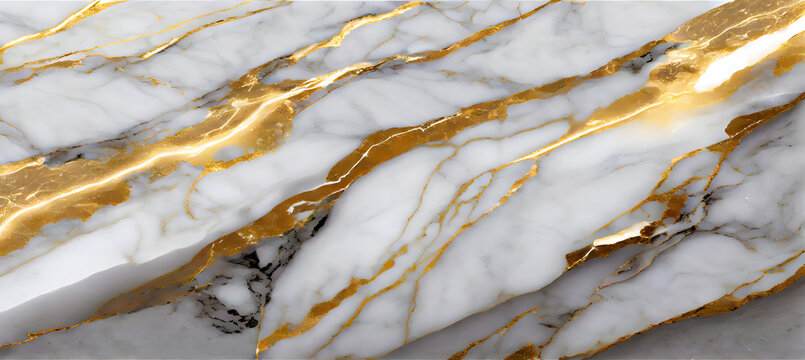 Carrara statuario white marble with golden luxury effect, white marble texture background. Generative AI.