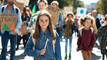 A protest march for climate action with people of all ages holding signs demanding policy changes and sustainability.
