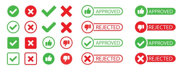 approved and rejected icon. yes and no buttons. check mark and red cross symbol. Validation and refusal icon. stock illustration