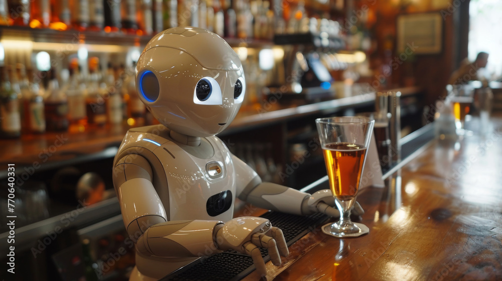 Poster robot enjoying beer at bar