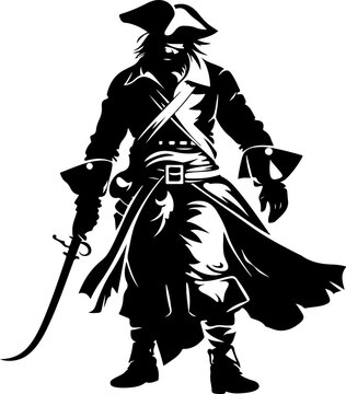 recommend clip art: A dynamic silhouette of a pirate with a sword, fit for adventure tales, theme parties, or graphic design with a nautical twist.