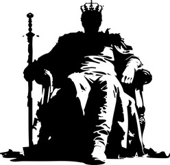 A striking black and white silhouette of a majestic king with a crown and royal attire, perfect for themes of leadership and fantasy.