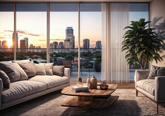Modern living room interior with panoramic city view. 3D Rendering