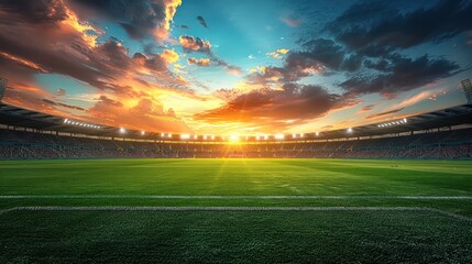 Soccer field stadium with illumination, green grass, and cloudy sky - obrazy, fototapety, plakaty
