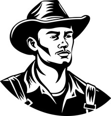A classic vector portrait of a cowboy with a determined expression, ideal for western-themed projects and cultural representations.