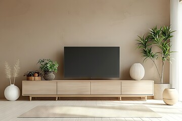 Modern Living Room Interior A Sleek Wooden TV Cabinet Against a Cream Wall, Accented by Elegant Decor and Greenery, Exuding Warmth and Minimalism