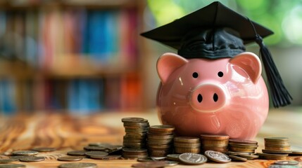 Piggy bank with a black graduation hat with coins as educational loan symbol