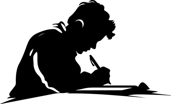 This bold silhouette captures a writer deeply engrossed in thought, pen to paper, perfect for depicting creativity, authorship, and intellectual labor.