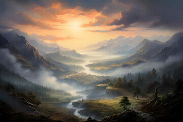 Misty Valley at Dusk Painting