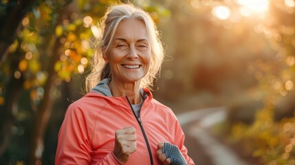 Sporty Senior mature smiling Woman Checking Her Pulse After Exercise