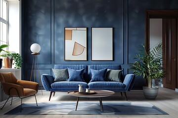 Scandinavian Apartment Interior Design Showcasing a Dark Blue Sofa and Recliner Chair in a Modern Living Room, Created with Generative Art