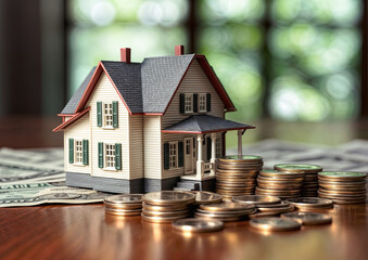 House model and coins on wooden table with blur background, Real estate concept