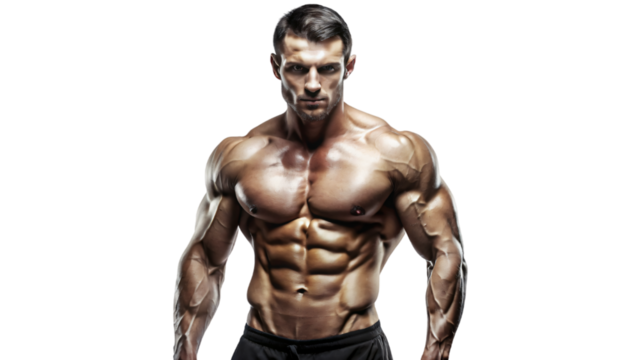 Muscular male model posing shirtless in studio, showcasing strong physique and defined abs