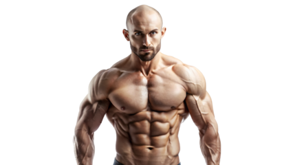 Muscular male model posing shirtless in studio, showcasing strong physique and defined abs