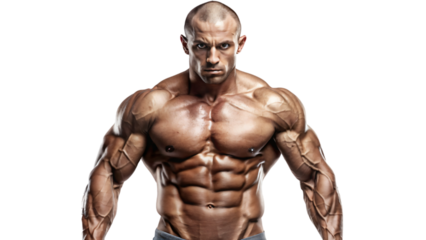 Muscular male model posing shirtless in studio, showcasing strong physique and defined abs