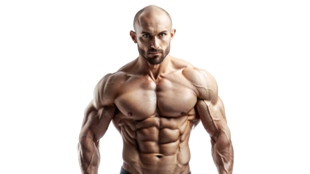 Muscular male model posing shirtless in studio, showcasing strong physique and defined abs