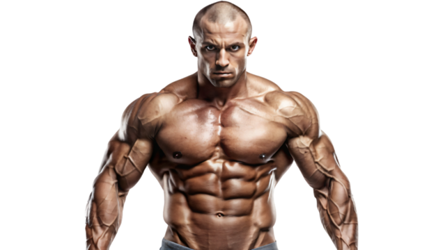 Muscular male model posing shirtless in studio, showcasing strong physique and defined abs