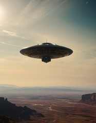 A photorealistic rendering of a UFO hovering over a vast desert, evoking intrigue and the classic theme of extraterrestrial visitation
