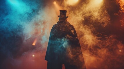 performance, illusion, circus, show concept - magician hands in gloves with illuminating magic wand showing trick over smoke on background - obrazy, fototapety, plakaty