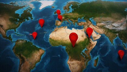 Bright red location markers stand out on the digital map, marking your destinations around the world
