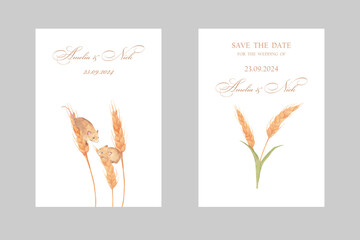 Set of two wedding watercolor postcard templates with wheat and harvest mouses. Hand drawn illustrations, isolated. Wedding, save the date templates