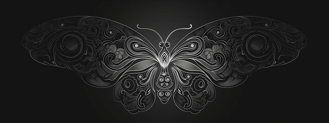 Black and White Butterfly Design with Floral and Geometric Elements