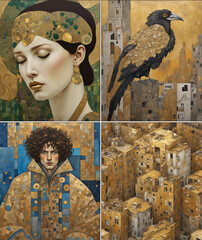 portrait of a young man, portrait of a woman. bird painting