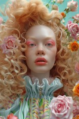 Fototapeta premium An artistic image features a surreal portrait of a woman with luscious curls and roses, exuding a dreamlike quality