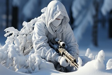 A highly skilled sniper, camouflaged in winter attire, steadies a sniper rifle equipped with a precision scope, as they take aim in a serene, snow covered terrain.