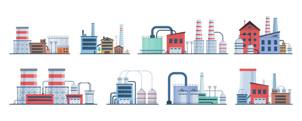 Industrial Building Concept Eco Style Factory City Landscape. Set of factory style or industrial building flat design style icons. Structures with pipes and chimney. Architectural theme. Vector.  © Little Monster 2070