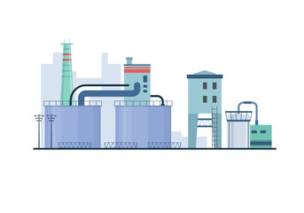 Industrial Building Concept Eco Style Factory City Landscape. Set of factory style or industrial building flat design style icons. Structures with pipes and chimney. Architectural theme. Vector.
