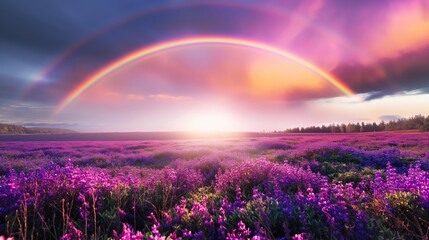 A breathtaking view of a double rainbow over a field of purple wildflowers during a vivid sunset.