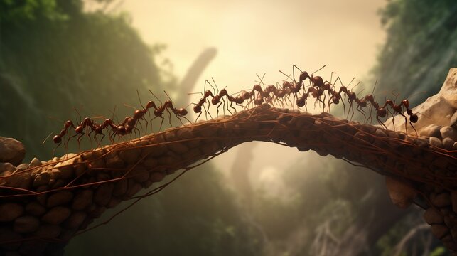 An evocative HD image illustrating the concept of teamwork, as a group of ants collaboratively construct a bridge, symbolizing unity and collective effort in achieving a common goal.