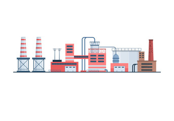 Industrial Building Concept Eco Style Factory City Landscape. Set of factory style or industrial building flat design style icons. Structures with pipes and chimney. Architectural theme. Vector.
