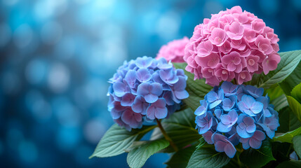 Blue and pink hydrangea flowers on bokeh background