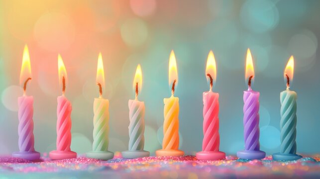 A festive image showing a row of colorful and vibrant birthday candles with a soft bokeh background, creating a joyful atmosphere