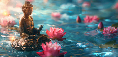 golden buddha sitting on lotus, glowing light effect background with pink flower and blue water waves  - obrazy, fototapety, plakaty