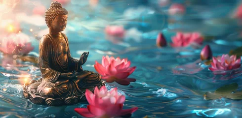 Selbstklebende Fototapeten golden buddha sitting on lotus, glowing light effect background with pink flower and blue water waves  © Kien