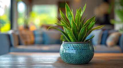 Green plant in vase on wooden table in living room, stock photo