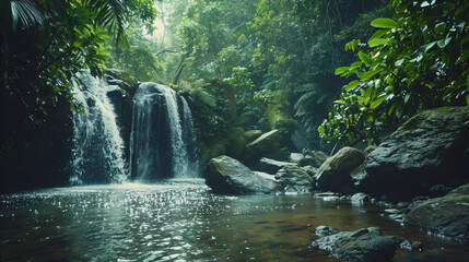 A secluded waterfall hidden within a dense tropical jungle accessible only by a narrow path.