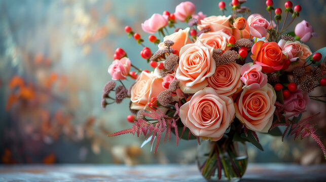 Bouquet of pink roses in a vase on a wooden table