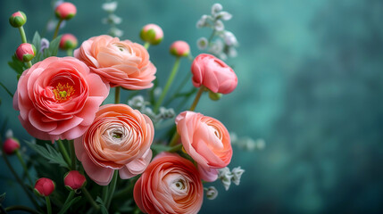 Bouquet of pink ranunculus flowers on a blue background