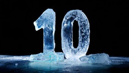 Number 10 made of water ice on black background. Cold blue figure. 3D rendering.