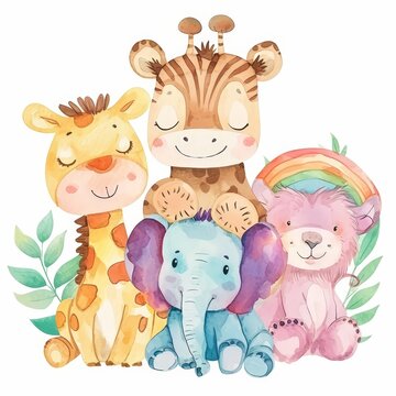 Adorable group of baby jungle animals painted in watercolor style, with a whimsical rainbow overhead, perfect for nursery decor.