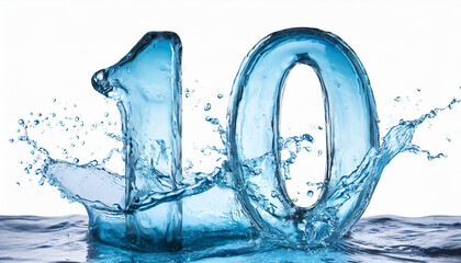 Number 10 made of water with splashes on white background. Blue liquid figure. 3D rendering.