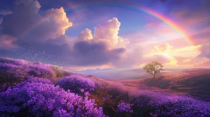 Keuken spatwand met foto Breathtaking landscape of rolling lavender fields bathed in sunset light with a vibrant rainbow and flying birds. © cherezoff