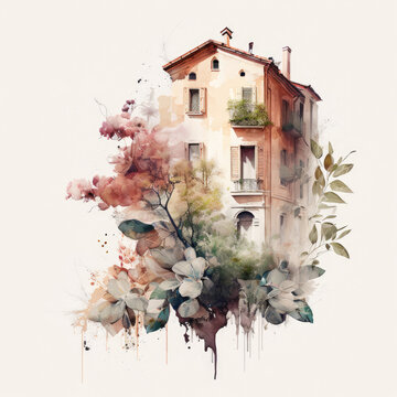 Fototapeta Cute Summer House, Watercolor illustration. Old house with flowers in the style of watercolor painting
