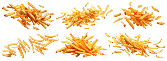 Set of flying delicious potato fries, cut out - obrazy, fototapety, plakaty